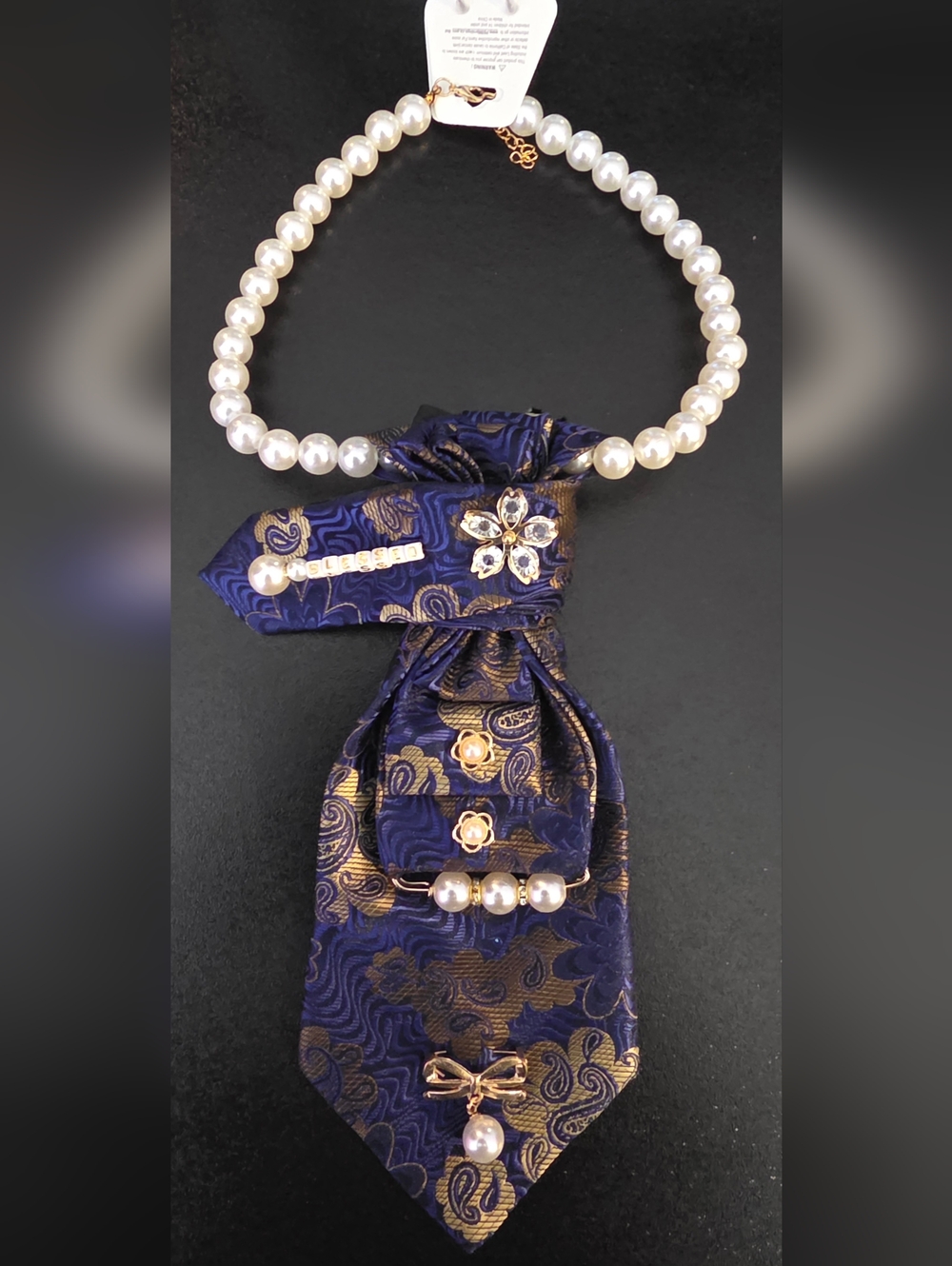 Purple and Gold Brooched Silk Tie Necklace Accent